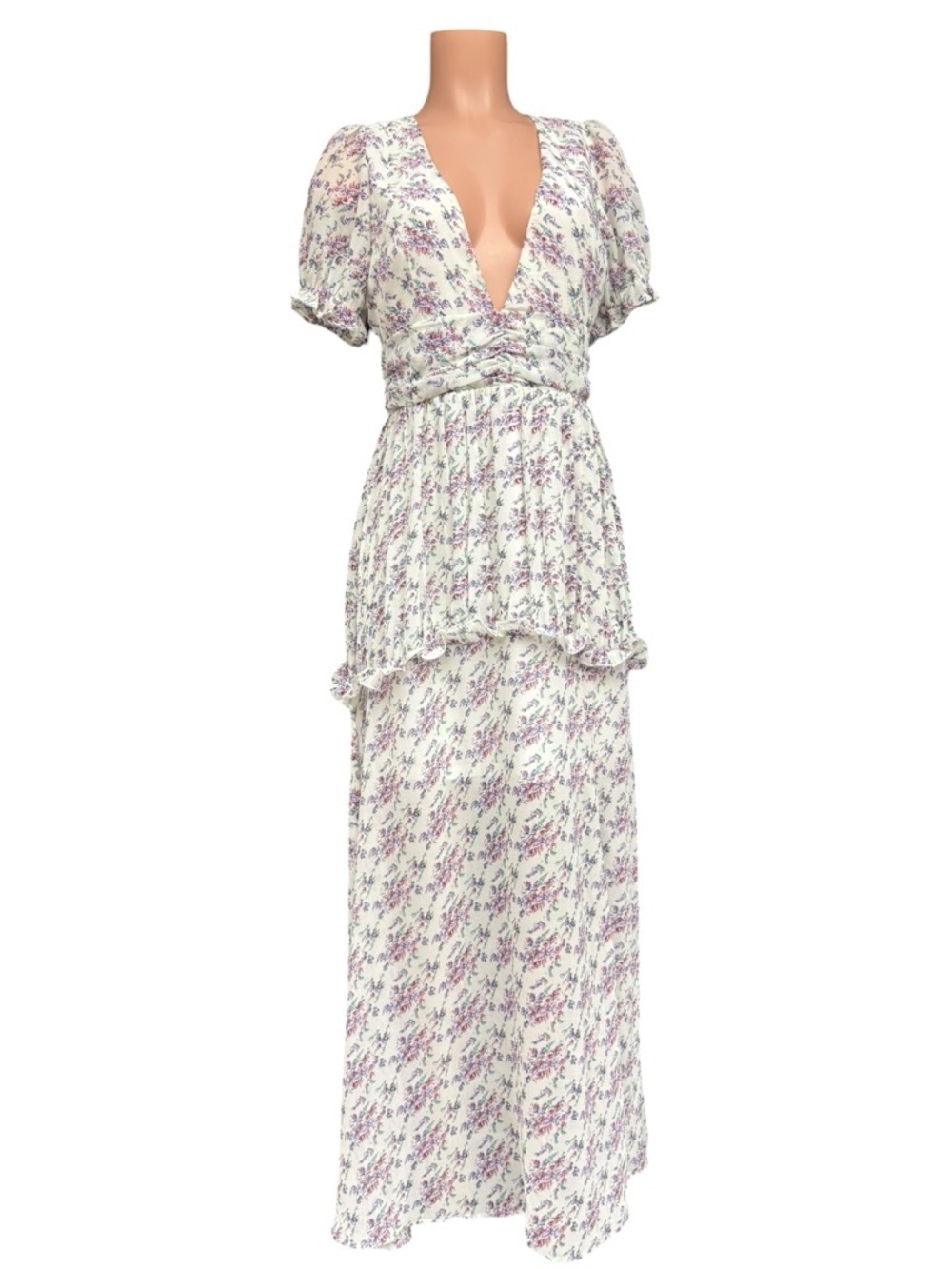 Nasty Gal Ditsy Floral Maxi Dress V Neck Puff Sleeve Slit Size 8 in Lavender - Picture 4 of 11
